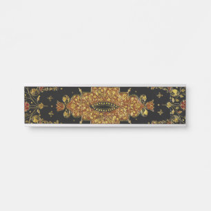 Placa De Porta Preto e Dourado Floral