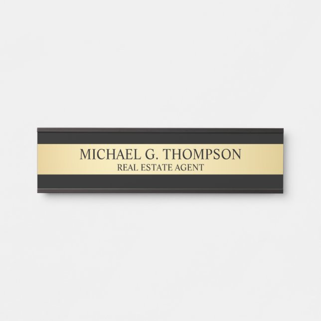 Placa De Porta Preto Elegante profissional e Dourado (Frente)