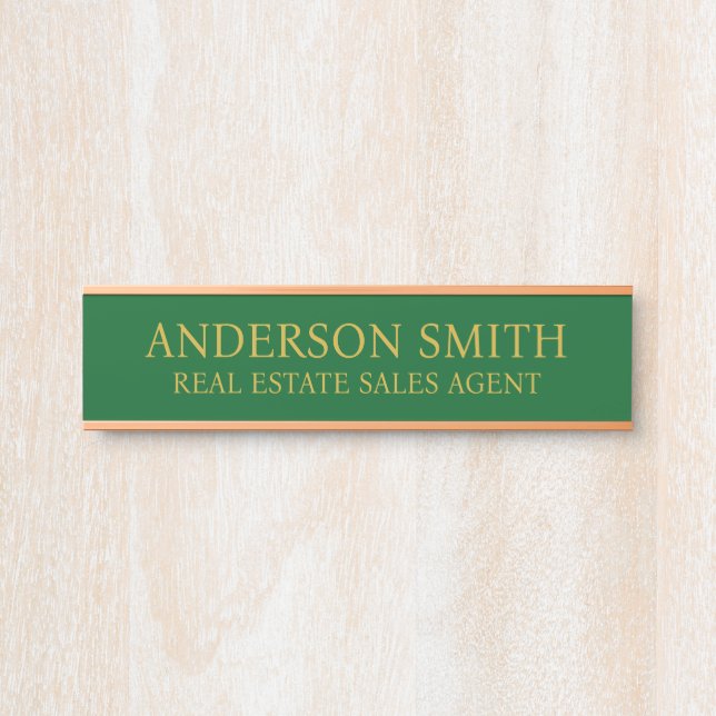 Placa De Porta Profissional Moderno Verde Dourado Título Nome do  (Frente)