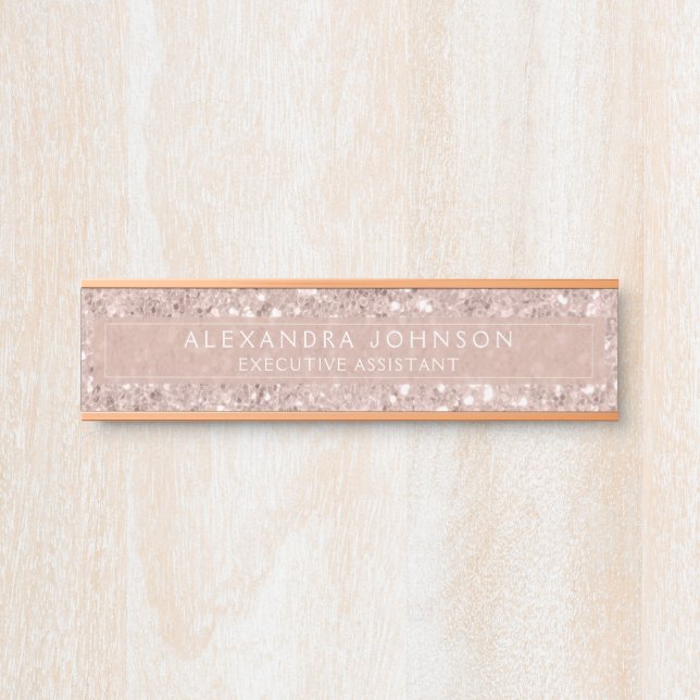Placa De Porta Rosa Dourado - Quic Moderno com Brilho Rosa - Bril (Frente)