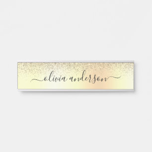 Placa De Porta Script Girly Glitter do Monograma Dourado