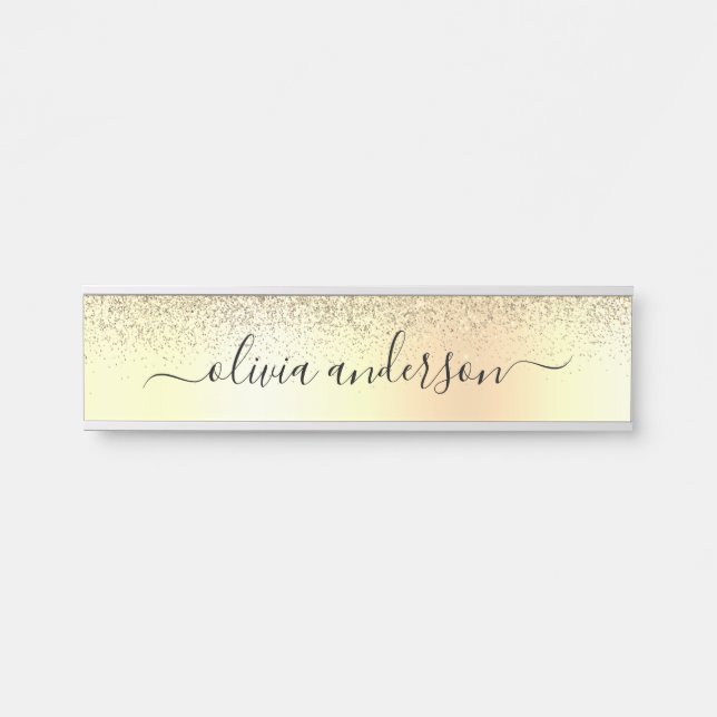 Placa De Porta Script Girly Glitter do Monograma Dourado (Frente)