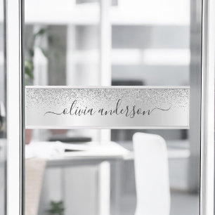 Placa De Porta Script Girly Sparkle Glitter Monograma de Silver