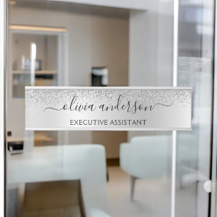 Placa De Porta Script Girly Sparkle Glitter Monograma de Silver