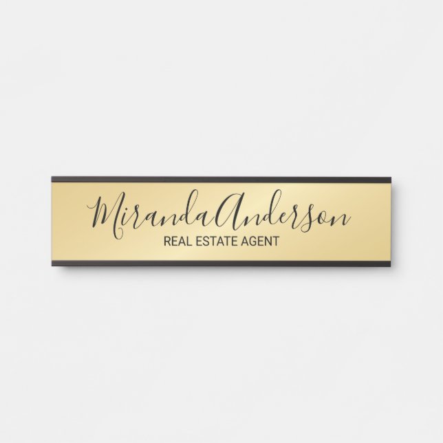 Placa De Porta Script Moderno Profissional Preto e Dourado (Frente)