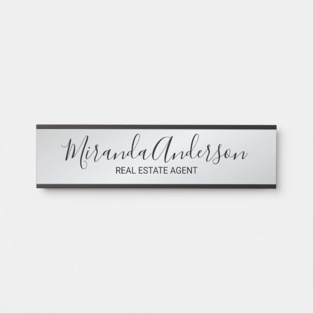 Placa De Porta Script Moderno Profissional Preto e Prateado (Frente)