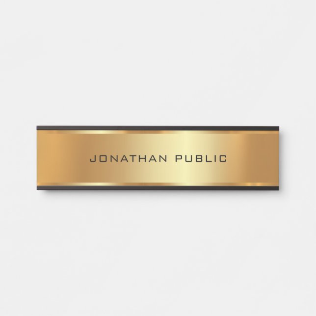 Placa De Porta Seu texto personalizado elegante, preto e Dourado (Frente)