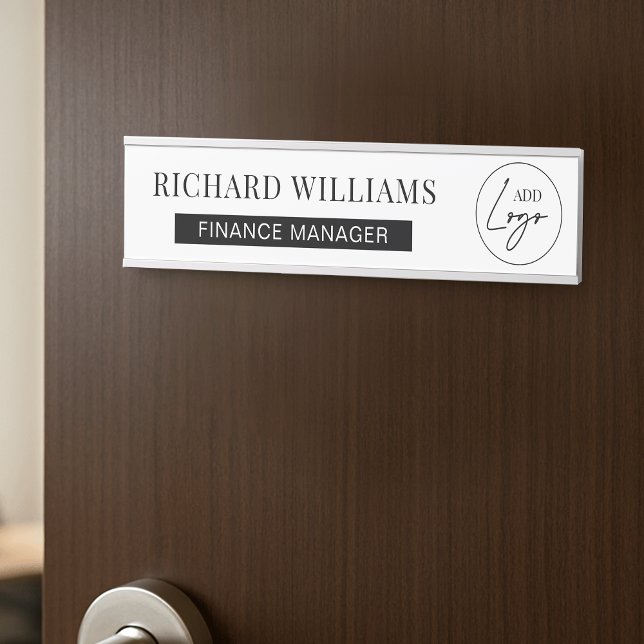 Placa De Porta Título do Trabalho Nome do Funcionário do Logotipo (Minimalist black and white corporate door sign with your logo, name and job title)