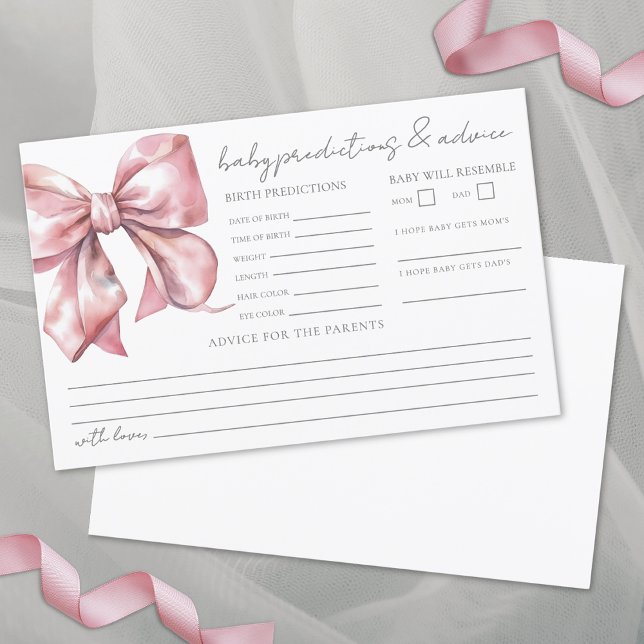 Placa de previsão de conselhos sobre Chás de frald (Pink Bow Baby Shower Advice Predictions Card)