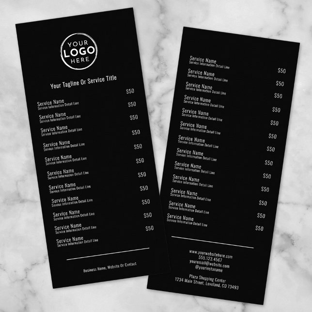 Placa de rack do menu Elegante Black White Service (Elegant Black White Services Menu Rack Card )