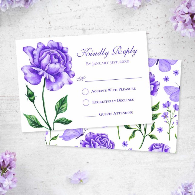 Placa de Resposta Lilac Purple Rosa Quinceañera (Lilac Purple Rose Quinceanera Response Card)