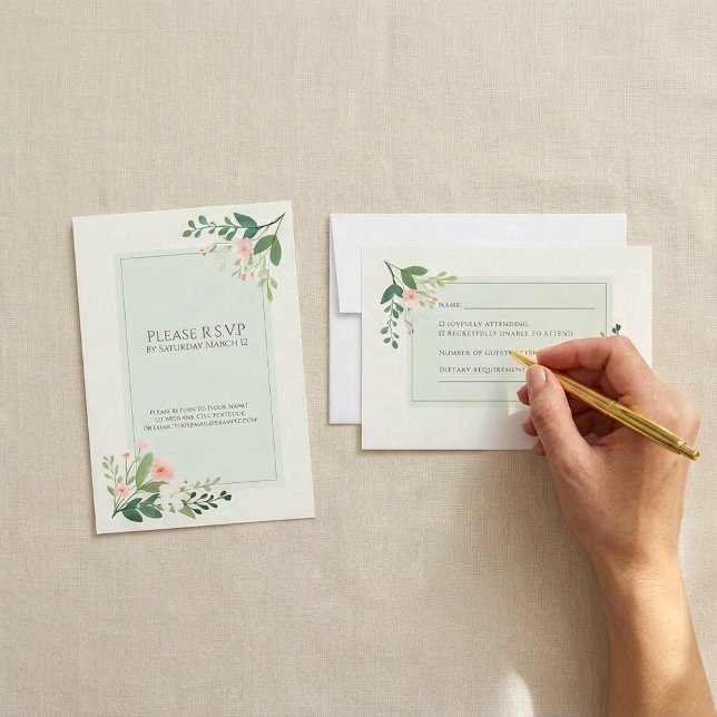Placa de Resposta RSVP Floral de Cor da Água Verde (Pretty green Watercolor Floral RSVP Response Card.)