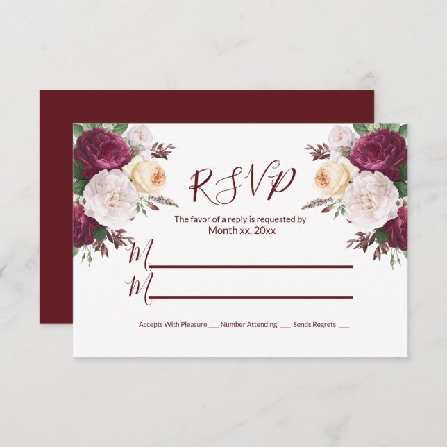 Placa de resposta RSVP Floral Elegante Burgundy (Frente/Verso)