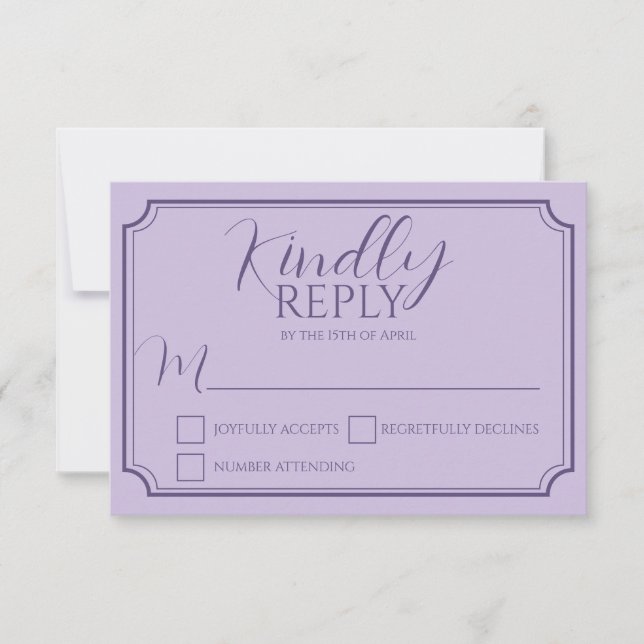 Placa de Resposta Wding de Script Lilac Elegante (Frente)