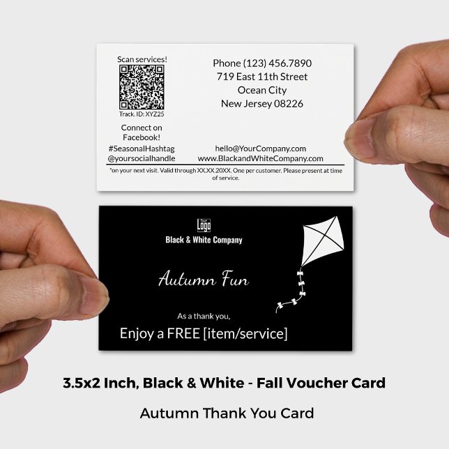 Placa de Voucher Gratuita para Presente de outono  (3.5x2 Inch, Black & White Autumn Fun Free Gift Voucher Card)