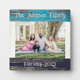 Placa Dia de as mães Rustic Blue Wood Photo Family Name