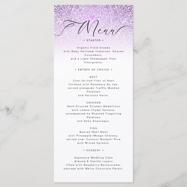 Placa do menu do Casamento tema damasco rosa (Frente)