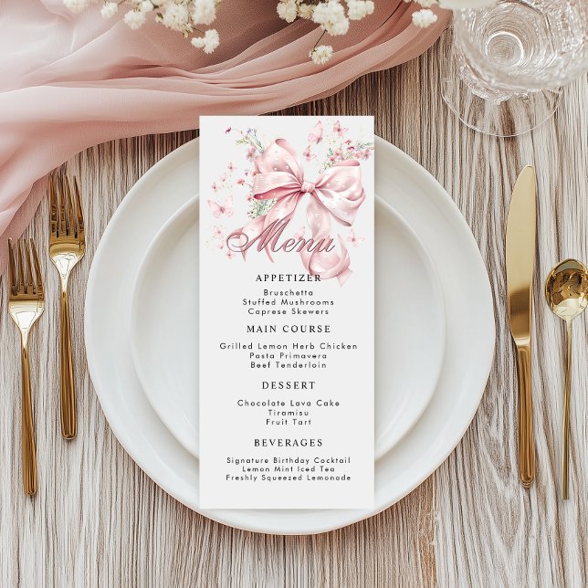Placa do menu rebordo do Arco de coquete rosa eleg (Pink Bow Pearls Menu Card)