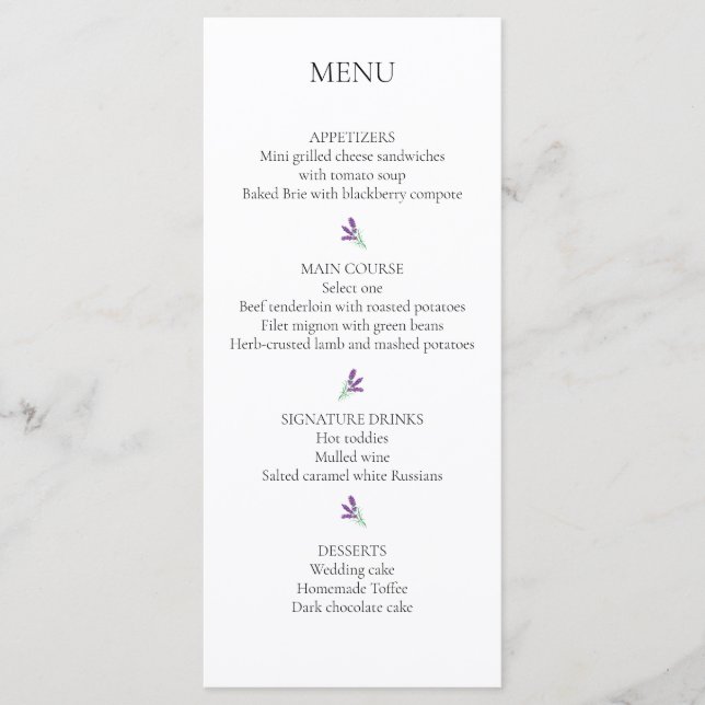 Placa do menu Recepção de casamento Elegante (Frente)