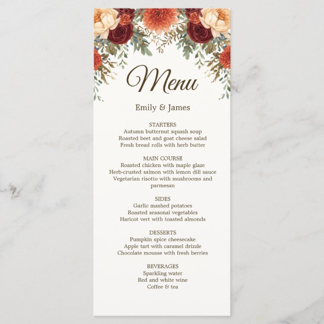 Placa do menu Rustic Casamento outono | Rosas de B (Frente)