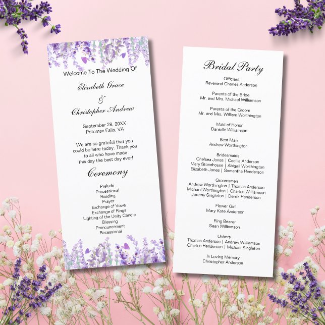 Placa do Programa de Casamento Botânico Floral da  (Lavender Botanical Floral Watercolor Wedding Program Card- Front and Back)