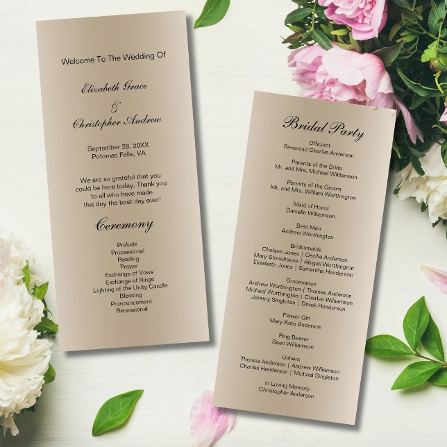 Placa do Programa de Casamento de Script Negro de  (Champagne color Black Script Wedding Program)