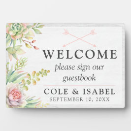 Placa Guestbook Rustic Watercolor Cactus Bem-Vindo