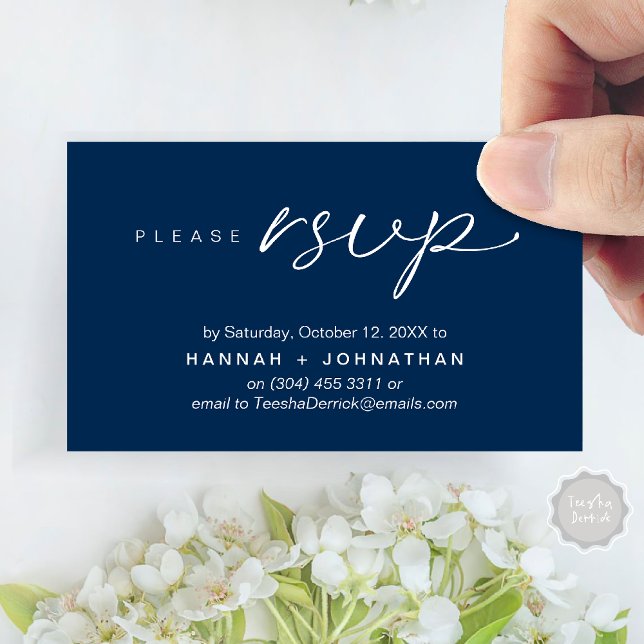 Placa Lembrete RSVP de Convites de casamento Român (Modern Romantic Wedding Invitation Invites RSVP Reminder Card Navy Blue)