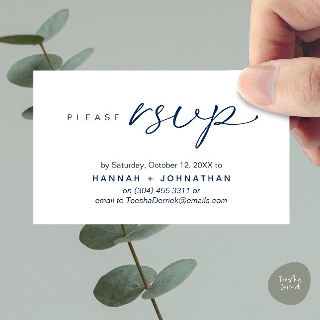 Placa Lembrete RSVP de Convites de casamento Român (Modern Romantic Wedding Invitation Invites RSVP Reminder Card Navy Blue)