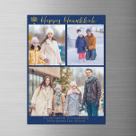Placa Magnet de Colagem de Fotos da Família 3 Feli<br><div class="desc">Um cartão de ímã de colagem de fotos da família judia moderna e personalizável Hanukkah com uma coleção de fotos de inverno. Adicione 3 das suas memórias favoritas de Chanukah neste moderno layout de três fotografias abaixo de uma menorah e um guião dourado. Mímanes de Hanukkah felizes.</div>