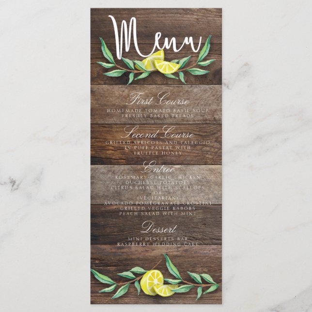 PLACA MENU | Casamento Rustic Wood Lemon Watercolo (Frente)