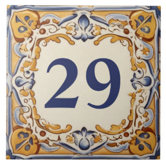 Placa numérica da Casa Mediterrânica azul e amarel