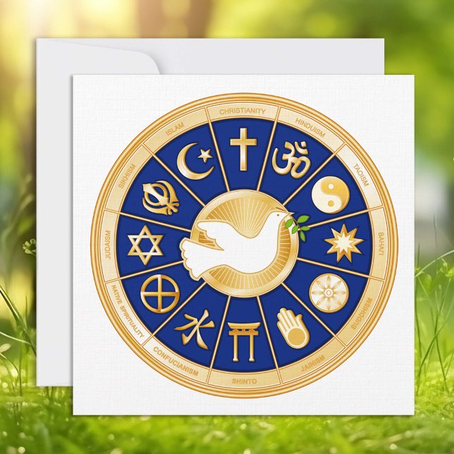 Placa plana de 5,25" x 5,25" para Paz (Dove of Peace. Gold icons of world faiths surround the Dove of Peace.)