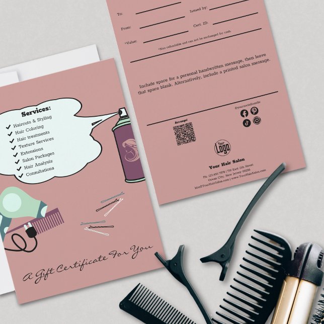 Placa plana de certificado de presente de salão ro (Whimsical Hair Tools Pink Salon Gift Certificate Flat Card, Logo, QR Code, Note, Social)