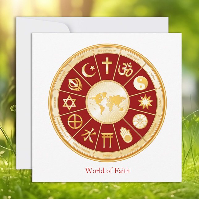 Placa plana mundial de fé de 5,25" x 5,25" (World of Faith Flat Card.
Gold symbols of international religions surround a world map. )