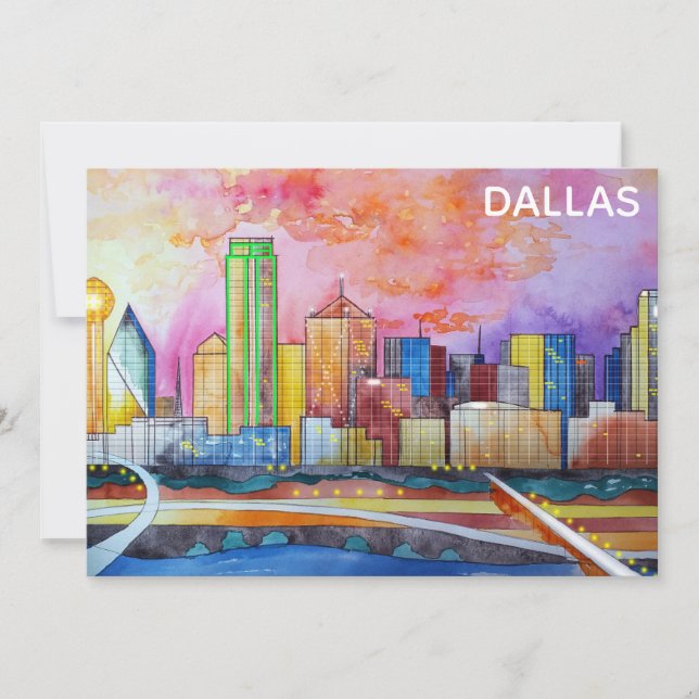 Placa Plana Skyline City in Dallas Texas Watercolo (Frente)