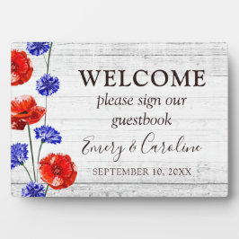 Placa Red Poppy & Rustic Wood Bem-vindo Casamento Guestb