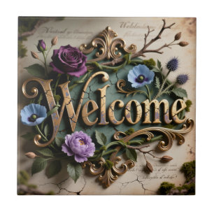 Placa Redonda de Boas-Vindas em Dourado Floral Ant
