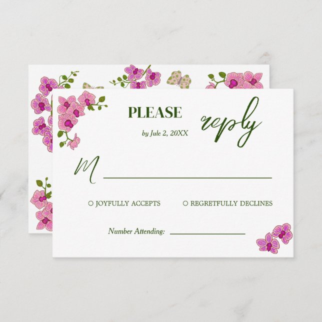 Placa RSVP Boêmia Delicada Elegante Orquídeas Roxa (Frente/Verso)