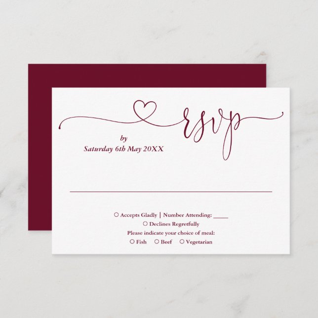 Placa RSVP Burgundy E White Script Heart (Frente/Verso)