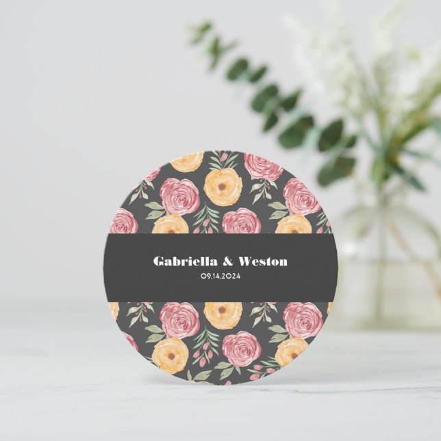 Placa RSVP Chic Rosas Preta (Em pé/Frente)