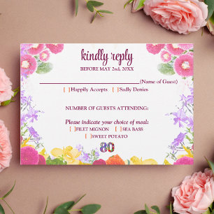 Placa RSVP de aniversário de 80 Floral 80 elegante