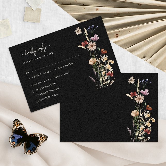 Placa RSVP de Boho Floral Preta Elegante (Black Elegant Floral Boho RSVP Card by Painted Paperie
)