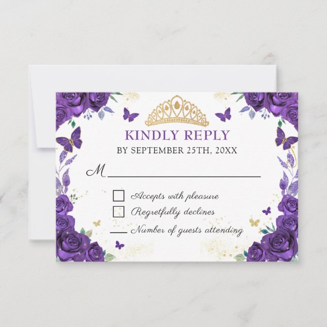 Placa RSVP de Borboletas de Quinceañera Purple Flo (Frente)