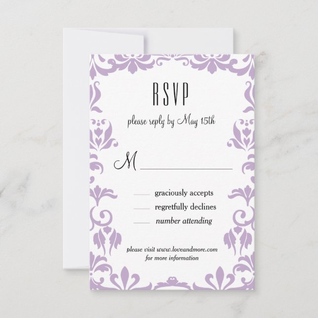 Placa RSVP de Caligrafia Elegante Damask Rple (Frente)