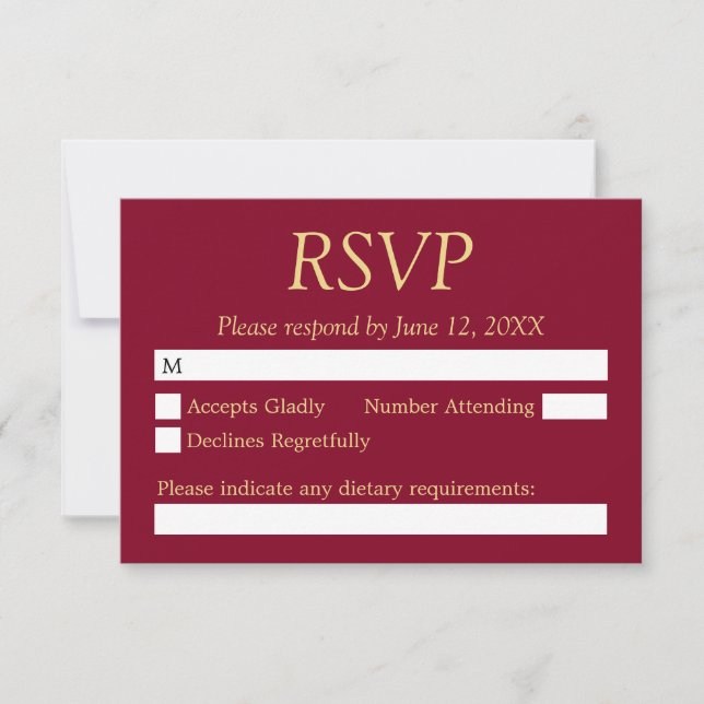 Placa RSVP de Casamento Beige do Ouro Burgundy (Frente)