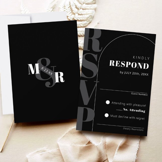 Placa RSVP de Casamento de Arch de Ampersand Preto (Classy black arch matching modern wedding invitation RSVP card, ampersand monogram Dk gray and white)