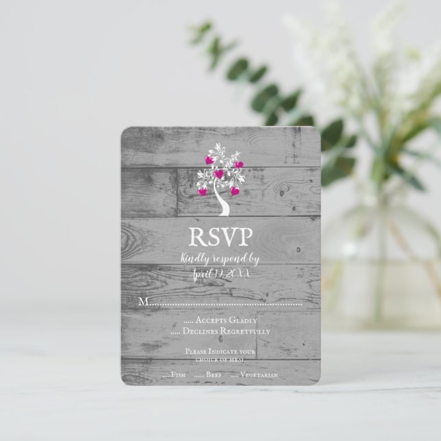 Placa RSVP de Casamento de Árvore Magenta de Coraç (Em pé/Frente)