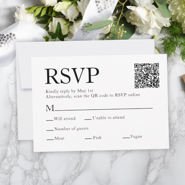 Placa RSVP de Casamento de Casamento Branco de Sel (Qr Code Scan Meal Choice White Wedding RSVP Card
)