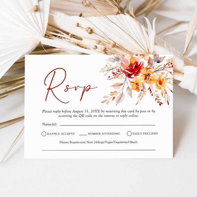 Placa RSVP de Casamento de Código QR Floral Boho F (Elegant rustic fall floral wedding RSVP card with QR code on reverse)